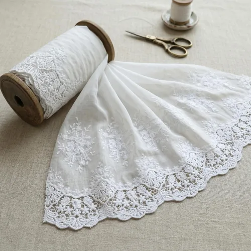 Vista 5 de Ribete de encaje con ojales de 4.8 yardas y 6 pulgadas de ancho, color blanco, de algodón, bordado con volantes, para costura, ropa de bebé, ropa