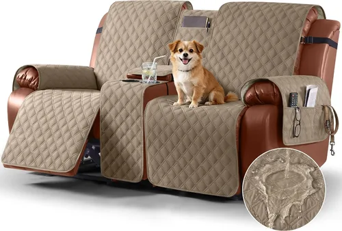 Vista 26 de Ruaozz Funda impermeable para sofá biplaza reclinable con consola, funda antideslizante para sofá reclinable dividido, con correas elásticas Beige