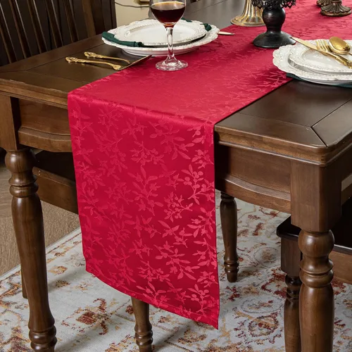 Vista 11 de Joyfol Day Caminos de Mesa Jacquard Verde de Navidad, Camino de Mesa Floral de Damasco Impermeable para Navidad, Vacaciones, Festival de Invierno