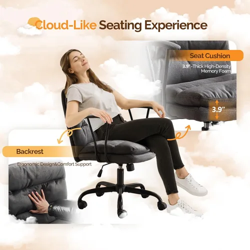 Vista 7 de VINGLI Silla de escritorio acolchada gris con/sin ruedas, base doble, reposabrazos extraíbles, ajustable y cómoda silla giratoria para computadora