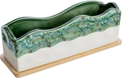 Vista 8 de MyGift Maceta rectangular para suculentas - Maceta decorativa de cerámica beige y verde glaseada con bandeja de bambú extraíble