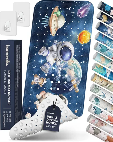 Vista 16 de Homerella - Alfombrilla de baño antideslizante y antideslizante para niños, 40 x 16 pulgadas, sin BPA, incluye 2 ganchos, tapete de ducha lavable