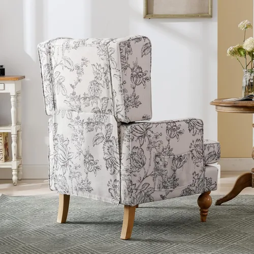 Vista 3 de DUOMAY Silla decorativa copetuda, moderna silla tapizada de lino con respaldo lateral para sala de estar, dormitorio con patas de madera, cómoda
