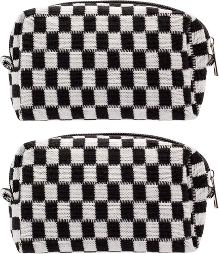 Vista 24 de PAZIMIIK Bolsa de Maquillaje a Cuadros para Bolso Portátil con Cremallera, Estuche Pequeño de Cosméticos para Accesorios de Viaje, Azul Ártico