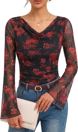 Vista 20 de GRACE KARIN Blusas de malla estilo bohemio para mujer, estilo casual