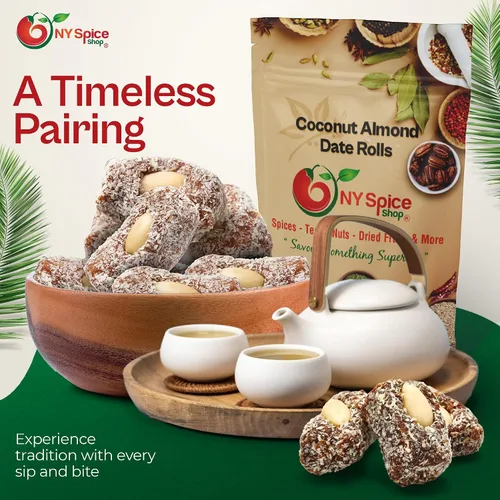 Vista 5 de NY Spice Shop Dátiles de coco seco - Rollos de dátiles de coco y almendras de 1 libra - Dátiles secos de almendras de fruta dulce - Dátiles frescos
