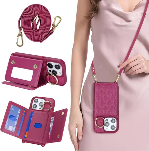 Vista 23 de Funda para iPhone 14 con tarjetero y correa para mujer, cordón cruzado, espejo de maquillaje, soporte de anillo, cierre a presión, bonitas fundas