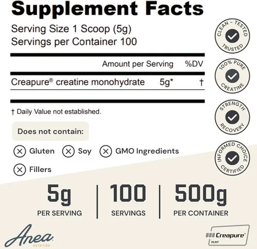 Vista 4 de Monohidrato de creatina de anea, monohidrato de creatina micronizada, para hombres y mujeres, 0.18 onzas por porción, sin rellenos, sin gluten, sin