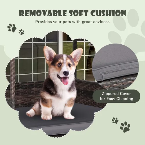Vista 4 de Giantex Casa de mimbre para perro, cama elevada de ratán para perros con techo impermeable, funda de cojín lavable, marco de acero, cama elevada