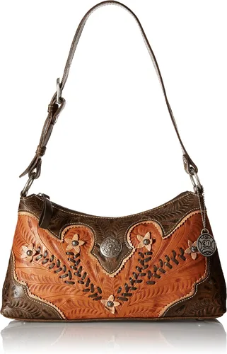 Vista 7 de American West Hand Tooled Handcrafted 100% Genuine Leather Zip-Top Shoulder Bag Desert Wildflower Collection Western Marrón