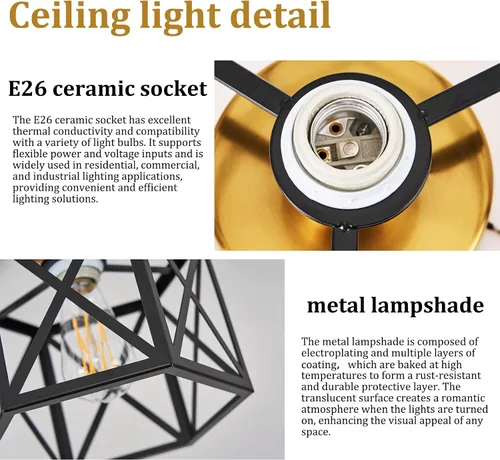 Vista 8 de Lámpara de Techo Moderna de Granja Negra y Dorada, Lámpara de Techo Industrial Semiempotrada, Accesorios de Iluminación Hexagonal para Pasillo