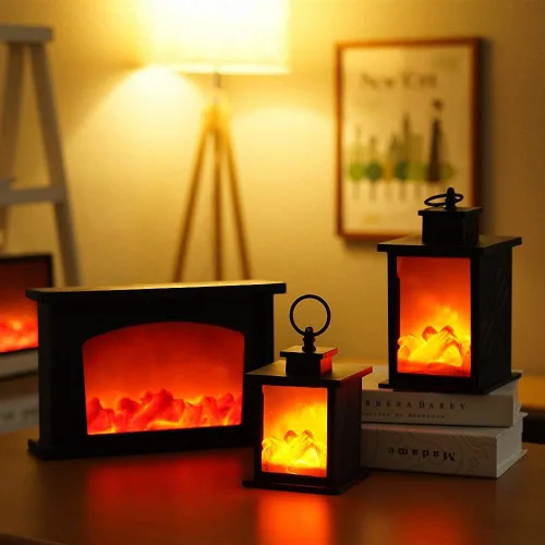 Vista 2 de Farol de chimenea pequeño y acogedor tradicional realista con efecto de llama de leña, luz LED, estilo carbón, lámpara de mesa