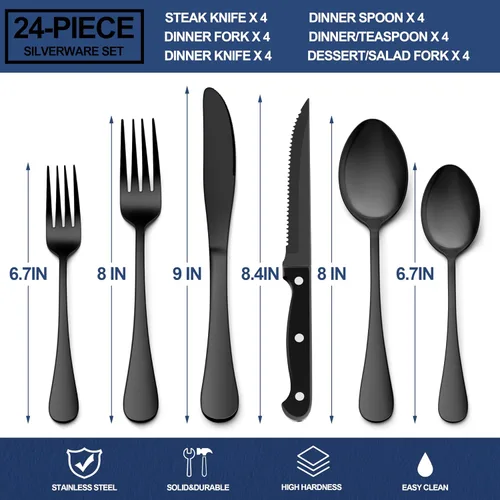 Vista 2 de E-far Juego de cubiertos negros de 24 piezas con cuchillos para carne, cubiertos de acero inoxidable para 4, modernos juegos de utensilios de metal