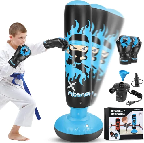 Vista 2 de Fitense Kids Punching Bag, 63 Inch Inflatable Punching Bag with Electric Air Pump & Gloves, Kids Boxing Bag for Boys Girls Age 6-12, Dinosaur Ninja
