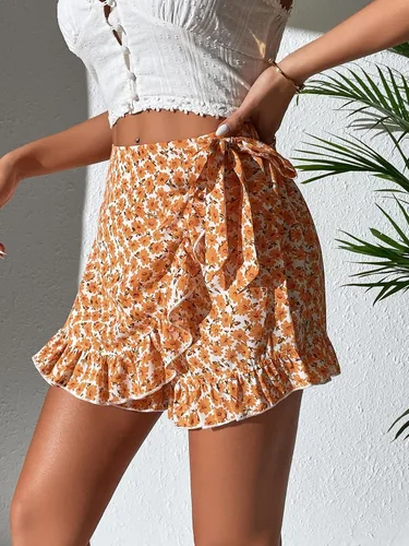 Vista 3 de MakeMeChic Falda pantalón con estampado floral bohemio y cintura elástica con volantes para mujer