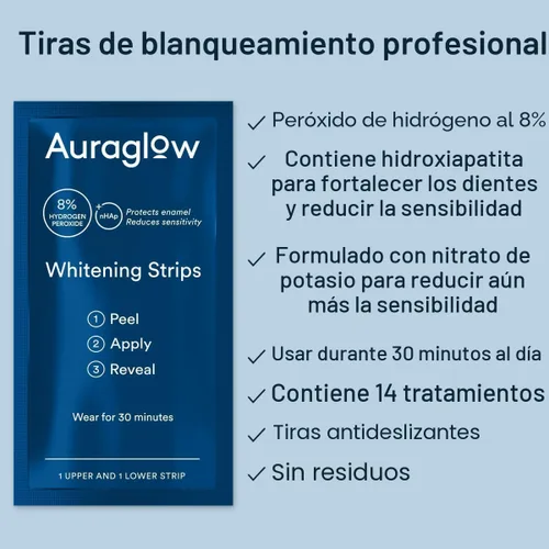 Vista 2 de Auraglow Tiras blanqueadoras de dientes, tiras blanqueadoras sensibles, 14 tratamientos de blanqueamiento, 8% de peróxido de hidrógeno