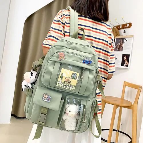 Vista 3 de POYIPI Nueva mochila estética Kawaii mochila con insignia Pins Llavero colgante Mochila de viaje ligera, Verde, Mochilas de viaje