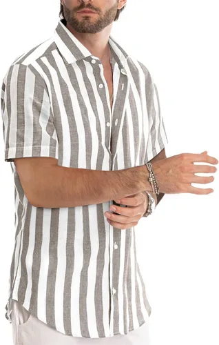 Vista 93 de JMIERR Camisas de vestir a rayas con botones y manga corta para hombre