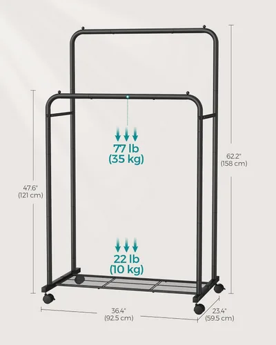 Vista 6 de SONGMICS Perchero de doble barra con ruedas, perchero para colgar ropa, perchero resistente con estante de almacenamiento de malla, 2 frenos, cada