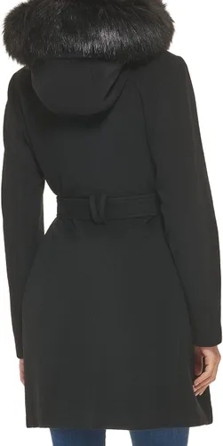 Vista 3 de Cole Haan Abrigo con capucha para mujer de lana con ribete de piel sintética desmontable