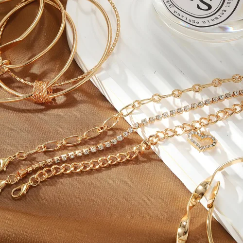 Vista 5 de IFKM Juego de 6 pulseras de cadena de oro bohemio para mujer, chapado en oro de 14 quilates, múltiples capas, apilables, abiertas, con eslabones