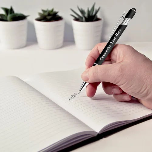 Vista 3 de Bolígrafos personalizados a granel con punta de lápiz capacitivo, 12 bolígrafos personalizados con logotipo de mensaje con nombre, bolígrafos