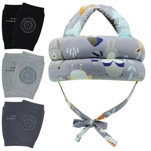 Vista 8 de Protector de cabeza de bebé y rodilleras para bebé, 3 pares de protectores para niños pequeños, cojín de algodón suave, capucha de seguridad Coche