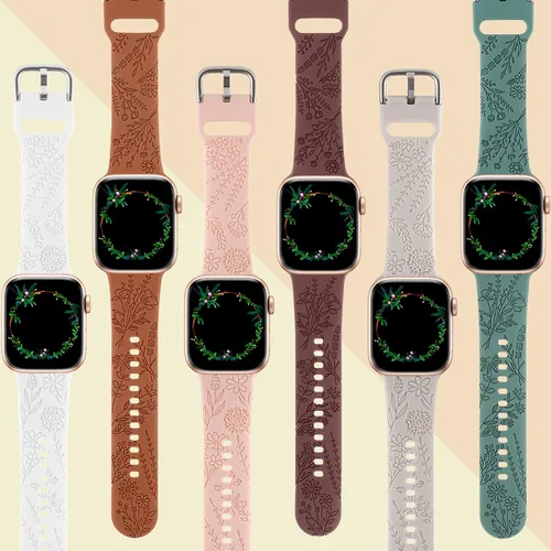 Vista 2 de Paquete de 6 correas de silicona grabadas con estampado floral compatibles con Apple Watch de 1.575 in 1.614 in 1.496 in 1.654 in 1.732 in 1.772 in