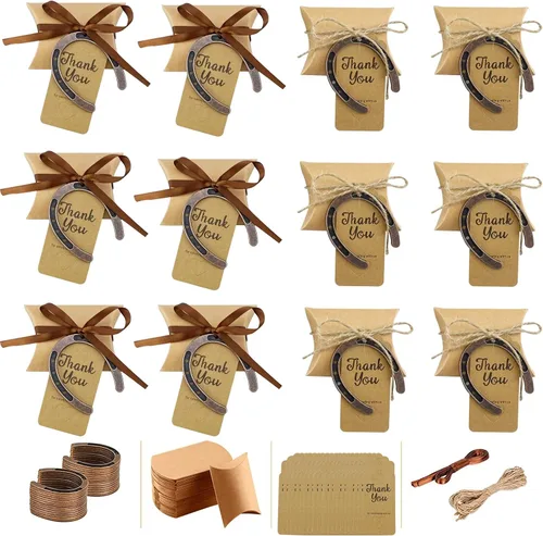 Vista 7 de 50 cajas de recuerdos de boda para fiesta de herradura de la suerte, zapatos de caballo para decoraciones de fiesta de vaquero occidental, caja