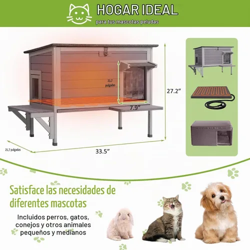 Vista 8 de GUTINNEEN Casa grande para gatos con calefacción para exteriores con forro aislante, refugio para gatos resistente a la intemperie con almohadilla