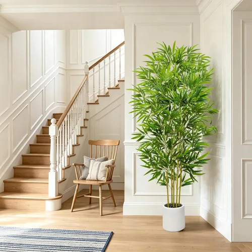 Vista 9 de Árbol artificial de bambú de 5 pies con maceta negra, plantas de bambú para exteriores e interiores, hojas falsas de aspecto natural, tallos