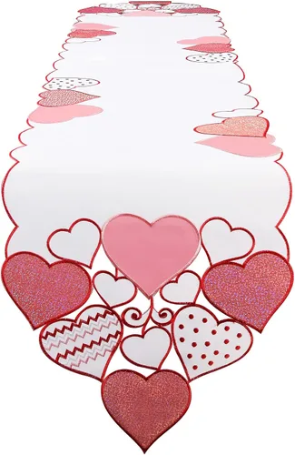 Vista 8 de OWENIE Caminos de mesa para el día de San Valentín, centros de mesa de San Valentín, 13 x 36 pulgadas, decoración de mesa roja bordada con corazón