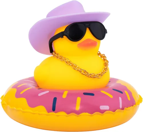 Vista 48 de wonuu Pato de goma para automóvil, decoración de pato amarillo con sombrero para el sol, anillo de natación, collar, gafas de sol para decoración