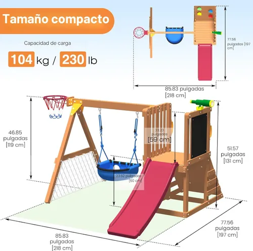 Vista 2 de Juego de columpio y tobogán para niños pequeños de 86 x 78 pulgadas, juegos de madera 6 en 1 para patios traseros con columpio de bebé, tobogán