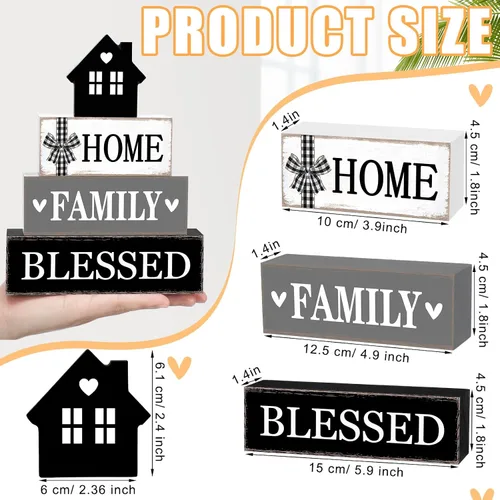 Vista 3 de Cinnvoice Decoración rústica de mesa de granja, letreros de bendición para decoración del hogar, letrero de madera neutral para la familia, centro
