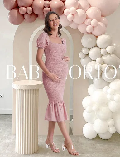Vista 5 de Vestido de maternidad de verano a media pierna, manga corta abombada, cuello cuadrado, dobladillo con volantes, vestido de sirena para baby shower