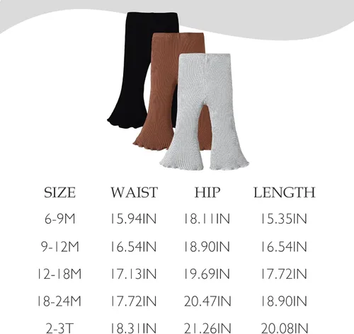 Vista 6 de SOBOWO Pantalones acampanados para bebé, paquete de 3 unidades para niña pequeña, color liso, acanalado, con volantes, pantalones acampanados