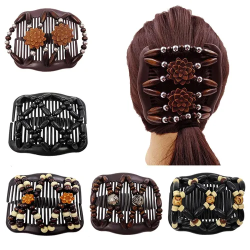 Vista 2 de Versátil peine de pelo mágico rizador de pelo doble fila de cuentas de madera peine de pelo (combinación 1)