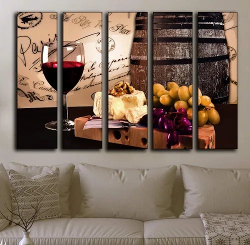 Vista 8 de Gran copa de vino tinto de 5 piezas para decoración de pared, póster impreso en paneles de lienzo, juego de decoración de pared con temática