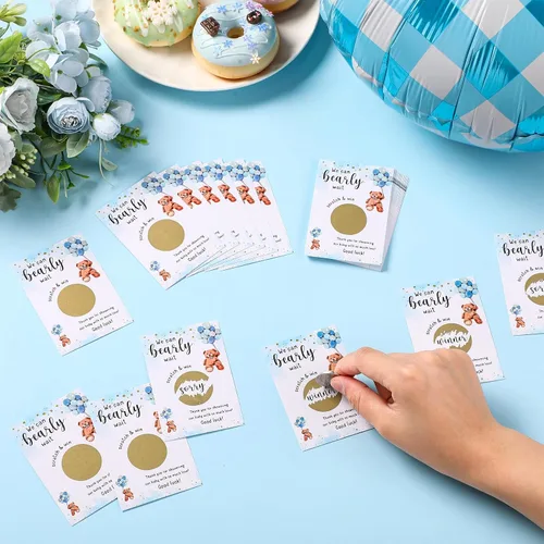 Vista 4 de Affrolling 100 tarjetas para raspar con diseño de oso para baby shower, para invitados, We Can Bearly Wait, agradecimiento, revelación de género