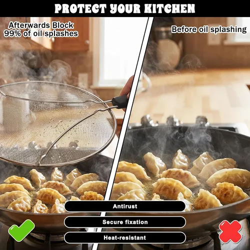 Vista 5 de Pantalla contra salpicaduras, protector de salpicaduras de acero inoxidable de 10 pulgadas para sartén, protector de salpicaduras de grasa con mango