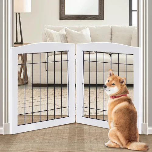 Vista 21 de LZRS Puerta plegable independiente de madera para perros de 2 paneles, madera maciza y alambre de acero, barrera para mascotas resistente a