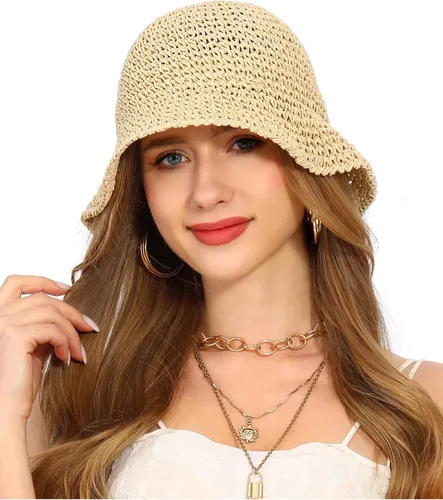 Vista 7 de Sombrero de sol para mujer, hecho a mano, con paja, protección UV, para viajes, verano, playa Beige
