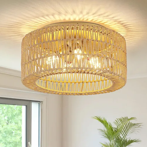 Vista 9 de Lámparas de Techo de Ratán para Montaje, Lámpara de Techo Empotrada Boho de 3 Luces, Iluminación de Lámpara con Pantalla de Jaula Tejida a Mano