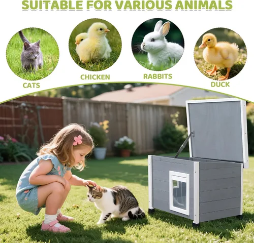 Vista 7 de Agitree Casa de madera para mascotas al aire libre, refugio de invierno resistente a la intemperie para perros y gatos, diseño elevado con ventana