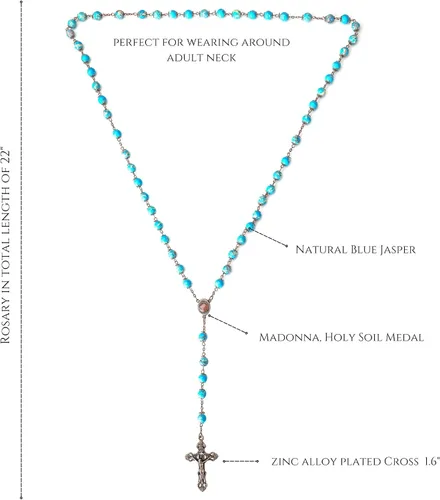 Vista 6 de Nazareth Store Collar de cuentas de jaspe azul océano con diseño vintage natural, medalla de suelo sagrado y cruz crucifijo rosarios religiosos