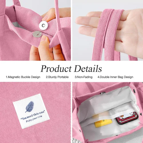 Vista 4 de Tote - Bolsa de hombro reutilizable de pana de gran capacidad con bolsillos interiores para mujeres y niñas