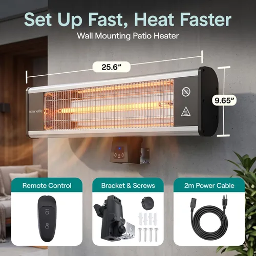 Vista 8 de SereneLife - Calentador de patio con infrarrojos, calentador eléctrico de pared con control remoto, 1500W, aprobado IP65, sin olor, para interiores