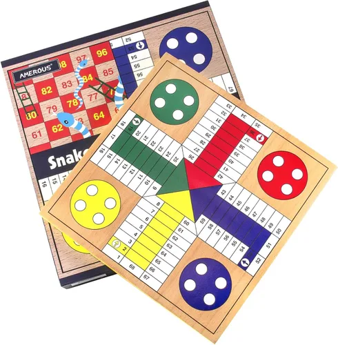 Vista 3 de AMEROUS Juego de mesa de ludo de madera de 12 pulgadas - Serpientes y escaleras, reversible 2 en 1, juego de dados familiar de 1-4 jugadores, juego