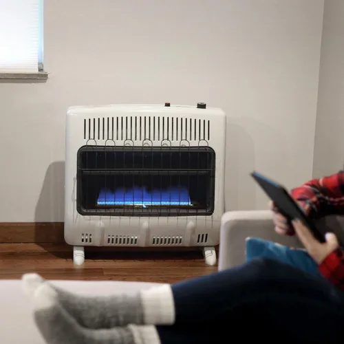 Vista 3 de Mr. Heater - Calentador de gas natural de llama azul de 30,000 BTU con kit de accesorios para soplador